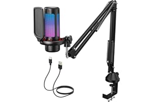 TONOR Gaming Microphone Set with Boom Arm, USB Condenser Mic for PC with Stand, Controllable RGB Lighting Modes & Brightness, Quick Mute, Volume Control, for Twitch Streaming, Discord Chatting TC310+