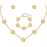 Gold Necklaces Bracelets Earring Set - 18K Gold Plated Flower Bracelet Chain,Stainless Steel Non Tarnish Floral Pendant Stud Jewelry Sets,Christmas Birthday Lucky Gift for Mom Wife Daughter Girlfriend
