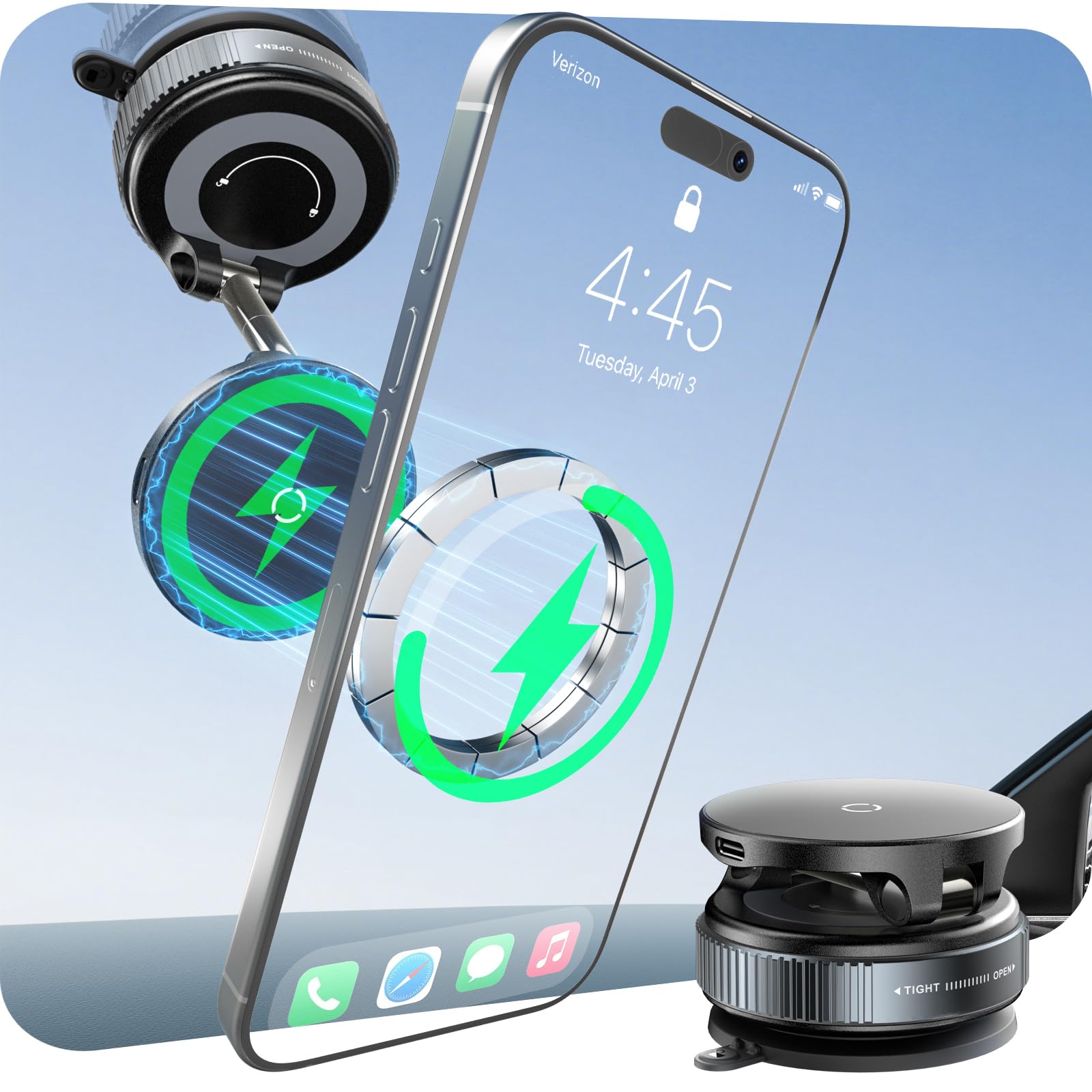 Photo 1 of CloudValley 15W Wireless Car Charger Mount, Nano Gel Vacuum Suction Magnetic Phone Holder for iPhone 16/15/14/13, Strong Grip on Rough Surfaces, Fast Charging, Adjustable 360° Car Mount