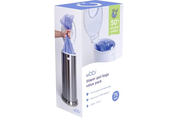 Ubbi Disposable Diaper Pail Plastic Bags, Value Pack, 75 Count, 13-Gallon Bags | Disposable Baby Waste Bags, Made from 50% Re