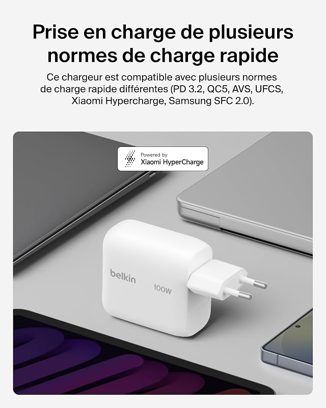 BoostCharge Chargeur Secteur GaN USB-C 100 W, Chargeur Compact Et Pliable, Recharge Rapide, pour iPhone 17, Samsung Galaxy S26, Pixel 10, AirPods, Tablette, MacBook, Chromebook - Blanc