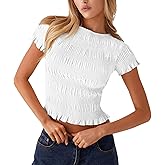 Womens Y2K Smocked Shirt Shirred Short Sleeve Crewneck Crop Top Ruffle Hem Going Out Tee Top