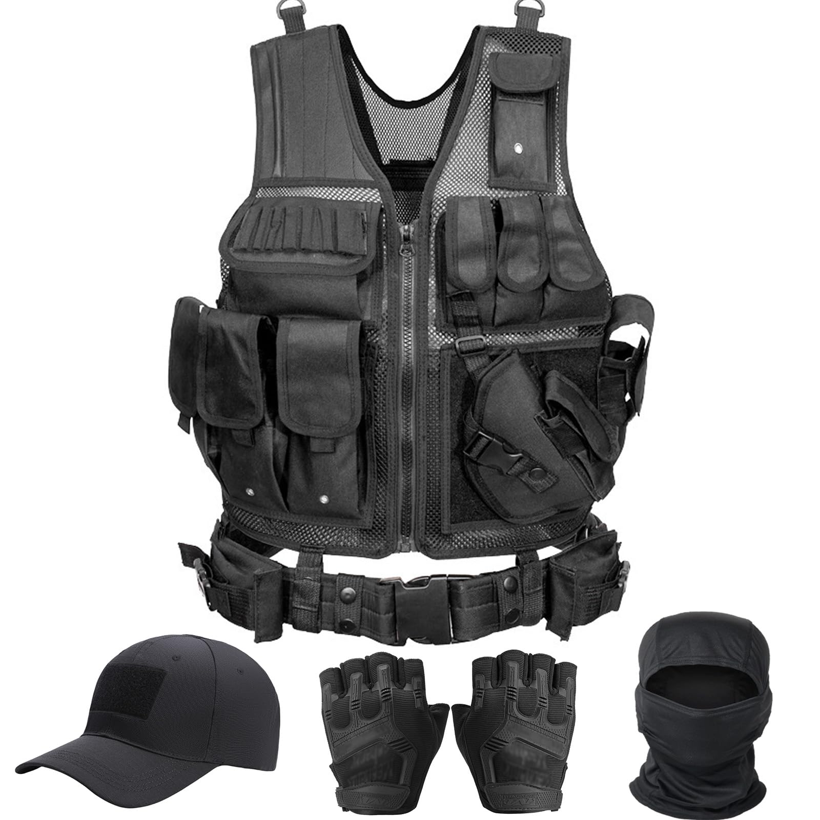 Photo 1 of VPZenar Airsoft Vest, Tactical Vest and Cap,Gloves,Balaclava for Men, Black Lightweight Mesh Vest with Detachable Holster and Belt, Sports Training Plate Vest,Tactical Gear