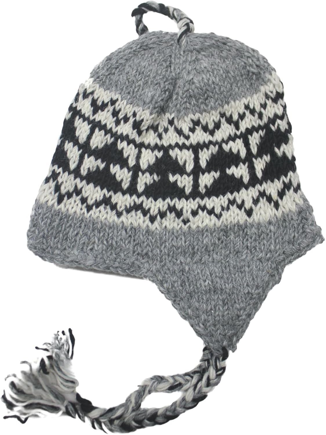 Sherpa Designs Hand Knit Unisex Wool Beanie Hat Ear Flap Fleece Lined Nepal (Black Gray): Clothing