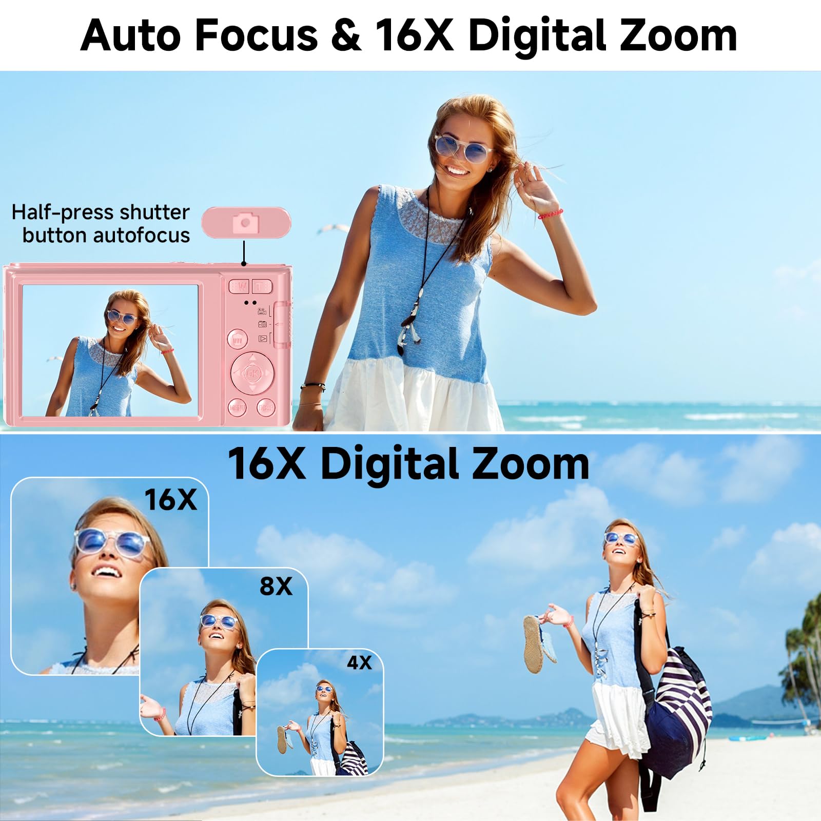 Digital Camera, FHD 4K 44MP Digital Camera for Photography, 16X Digital Zoom, Digital Point and Shoot Camera with 3-LED Fill Lights, 64GB SD Card, Compact Camera for Kids Teen Boys Girls, Pink