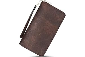 Telena Leather Wallets for Women Slim Zip Around Wristlet Clutch Purse Large Phone Holder Retro Coffee