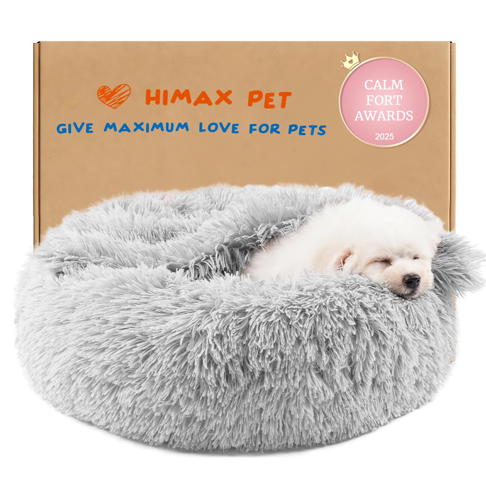 Himax Small Cat & Dog Bed with Cover, Calming Dog Bed for Small Dogs,Anti-Anxiety Donut Dog Bed with Attached Blanket,Washable Round Fluffy Pet Bed (20"/26"/35")，Light Grey Image