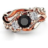 Vintage 18K Rose Gold Black Gem Ring Cocktail Rings Round Cut Black Onyx Marcasite Cubic Zirconia Anniversary Promise Ring CZ Eternity Engagement Wedding Band Ring for Women TZ.100 (US Code 7)