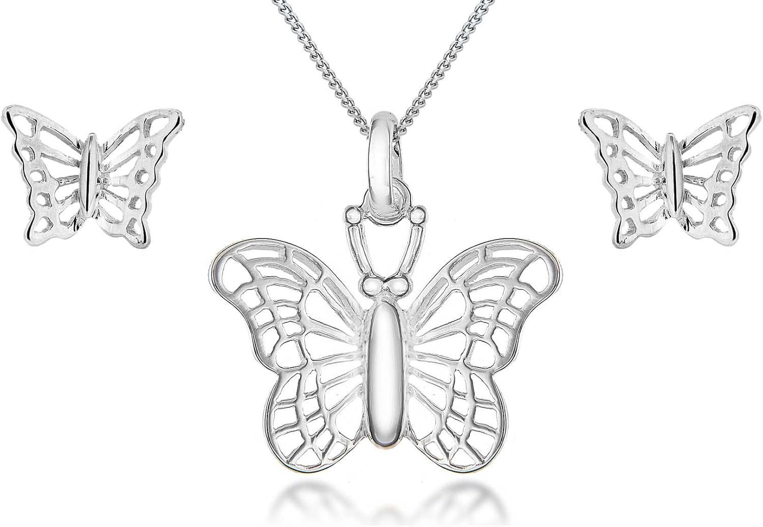 Tuscany Silver Women's Sterling Silver Set of Filigree Butterfly Earrings and Pendant on Curb Chain of 46cm/18"
