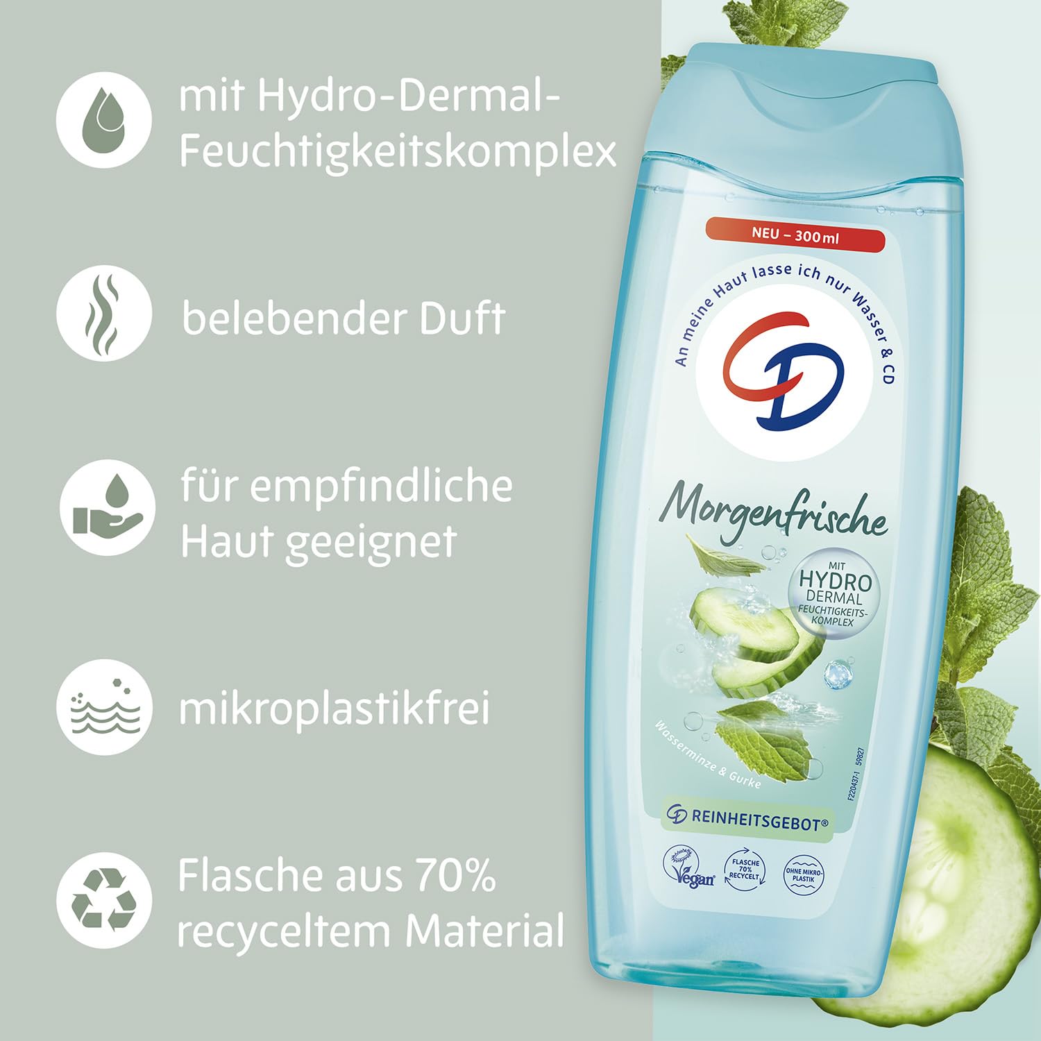 CD Dusche 'Morgenfrische' | Duschgel mit Pflanzenextrakt | Pflegeprodukt mit belebendem Duft | Mit Hydro-Dermal-Komplex | Für empfindliche Haut geeignet | ohne Mikroplastik & vegan | 300ml 2