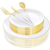 Supernal 150pcs White and Gold Disposable Plates,Gold Plastic Silverware,White Dinnerware Set Includes 60 Plates,30 Forks,30 