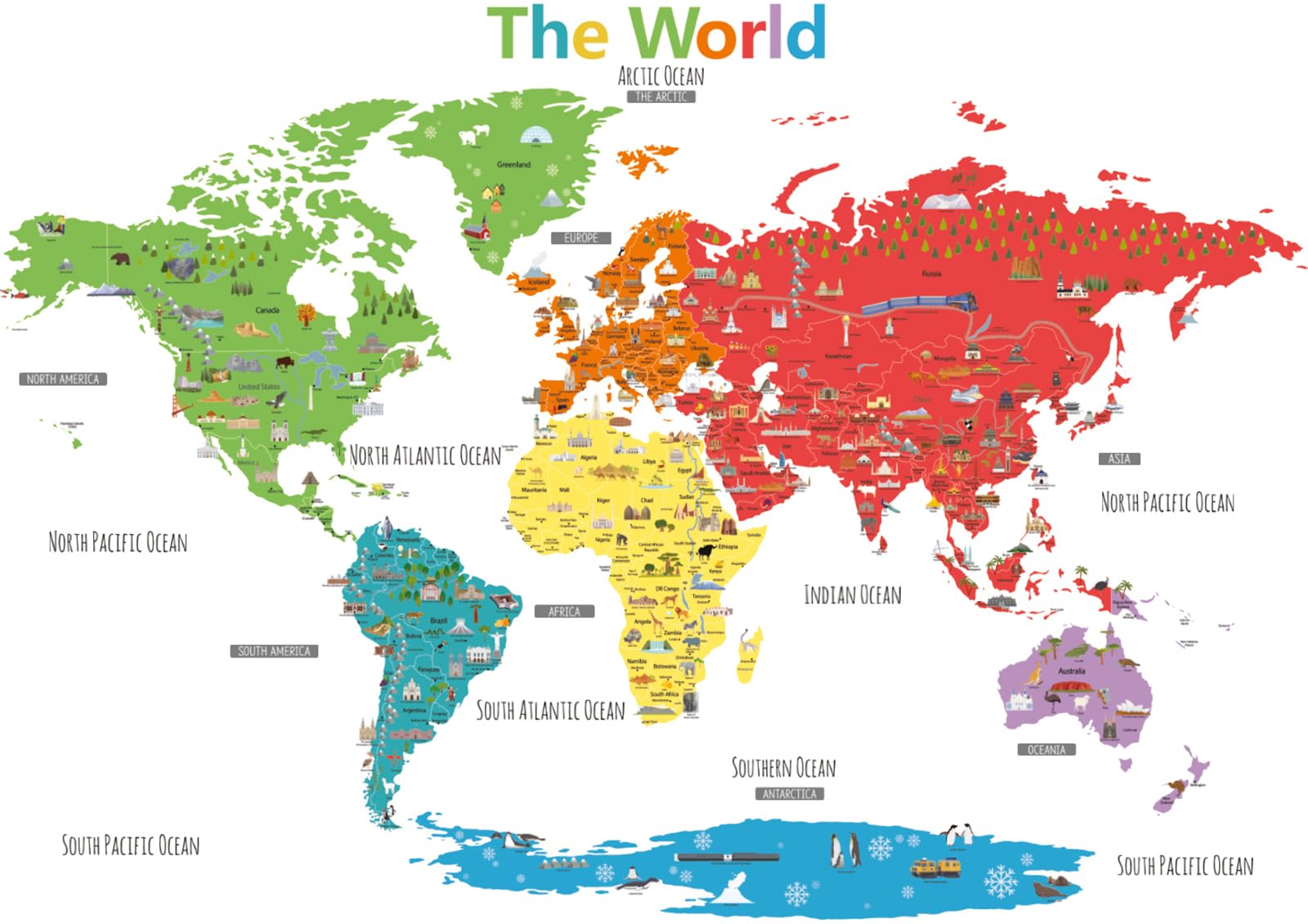 DECOWALL DLT-1902 Landmark World Map Kids Wall Stickers Decals Peel and Stick Removable for Nursery Bedroom Living Room art murals decorations