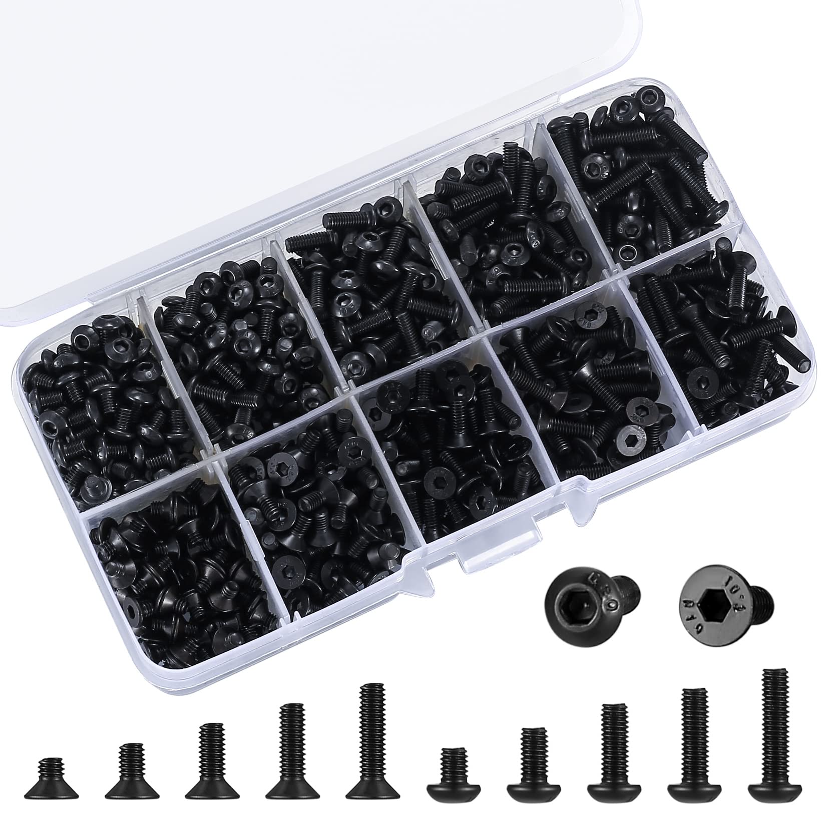 720 Pcs M3 Metric Hex Socket Head Cap Screws Bolts Set, Including 360 Countersunk Pan Head Screw, 360 Flat Screws for 3D Printer Machine - Black, 4mm/6mm/8mm/10mm/12mm — image 1