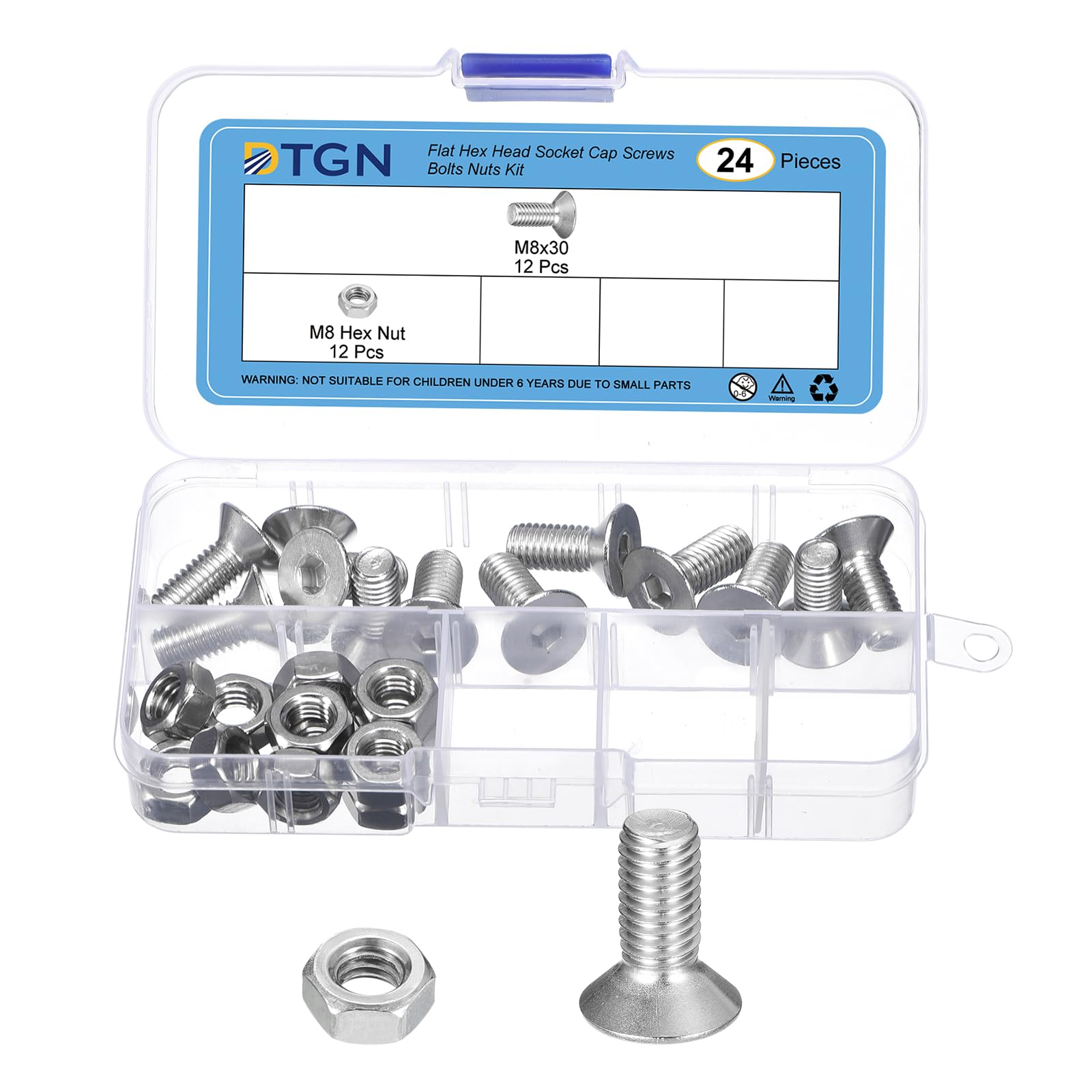 DTGN 24Pcs M8-1.25 x 20mm Flat Head Hex Socket Cap Screws Bolts Nuts Kit, 304 Stainless Steel Round Flat Metric Machine Screws, Full Thread
