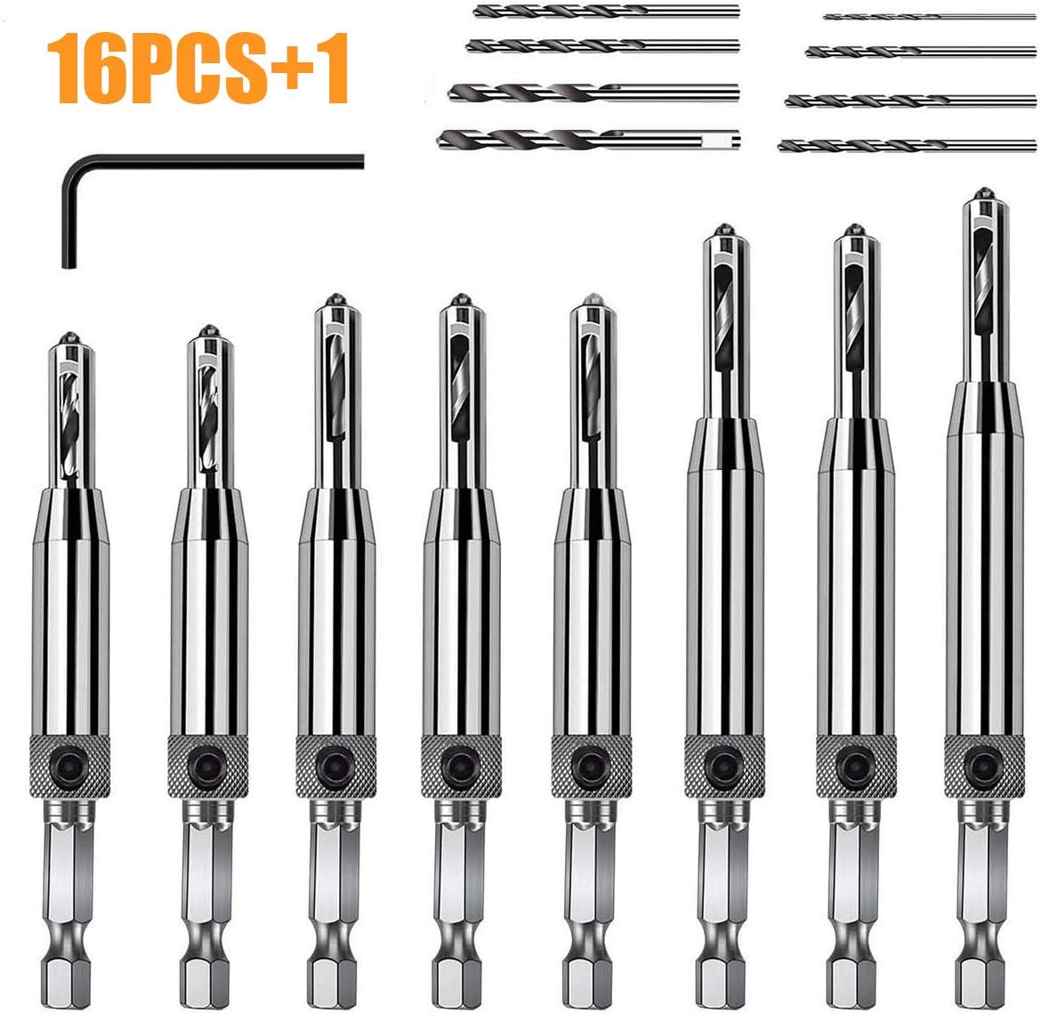 ZINMOND Self Centering Drill Bits, 17 PCS Hinge Drill Bit Set for Wood Door Window handles Cabinet Woodworking Hinge Hardware Pilot Hole Drill Bit (5/64'' -1/4'') with 1 Hex Key & 8 Replacement Bits.