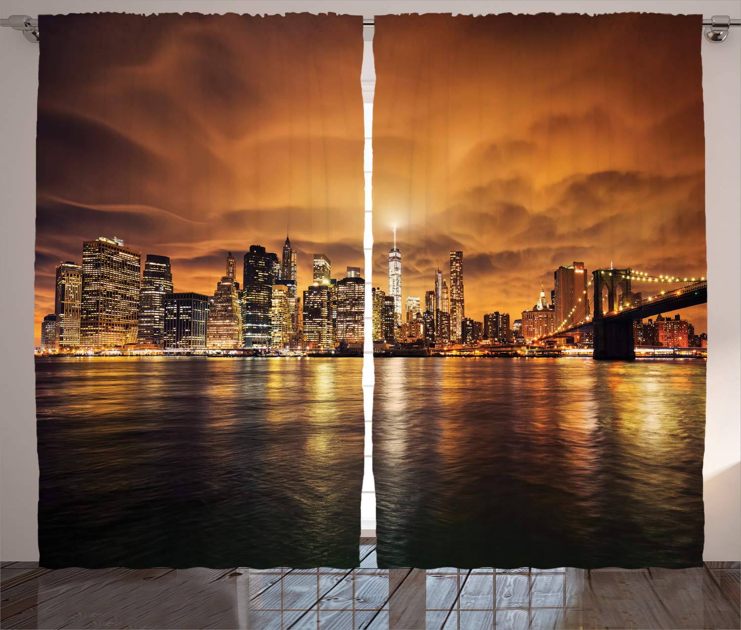 ABAKUHAUS Cityscape Curtains, Manhattan at Sunset New York from Brooklyn Reflections Seaport Scenery Print, Living Room Bedroom Window Drapes 2 Panel Set, 280 x 175 cm, Black Orange