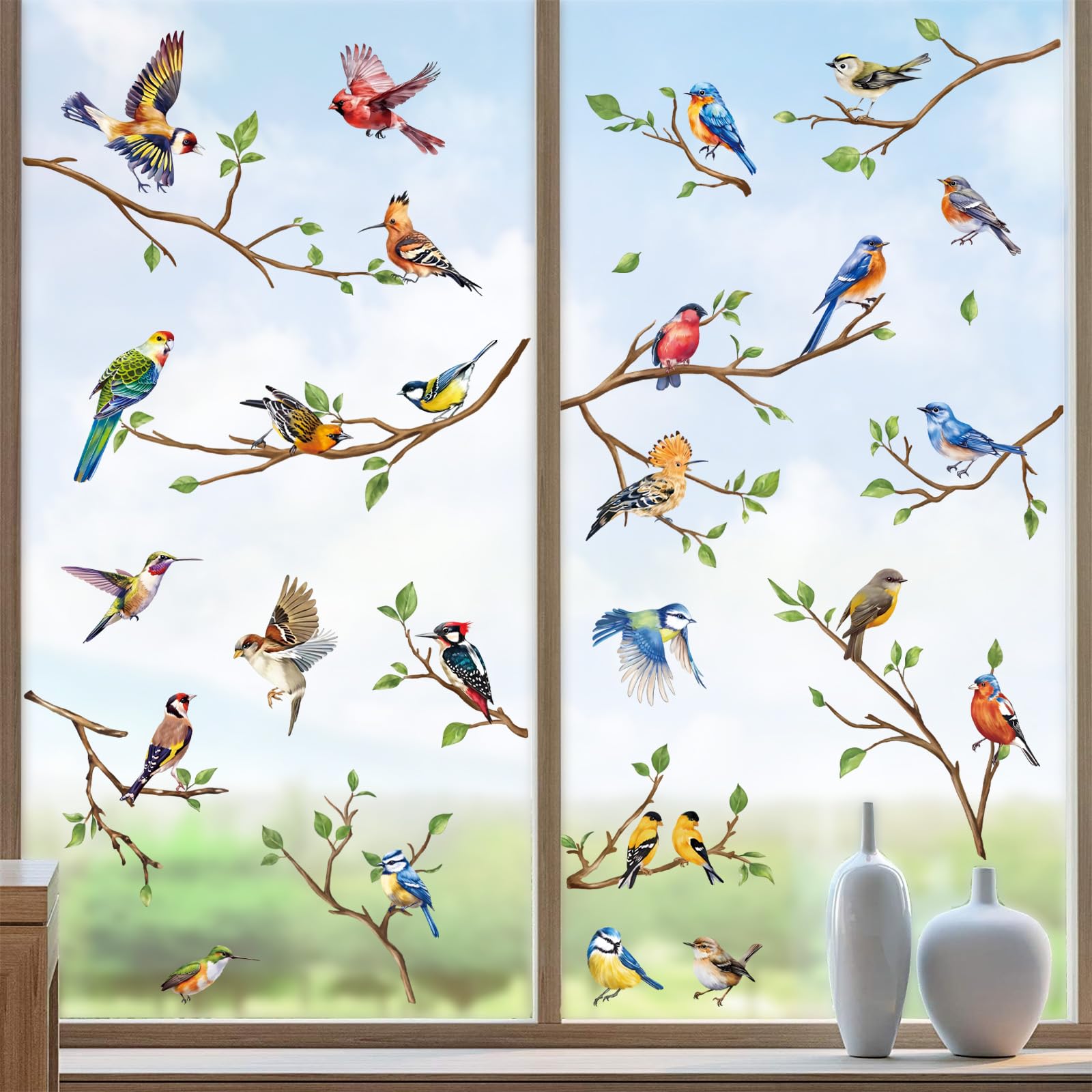decalmile Spring Summer Birds Tree Branch Double Sided Window Clings Hummingbird Branch Window Decals Anti-Collision Glass Window Doors Window Stickers