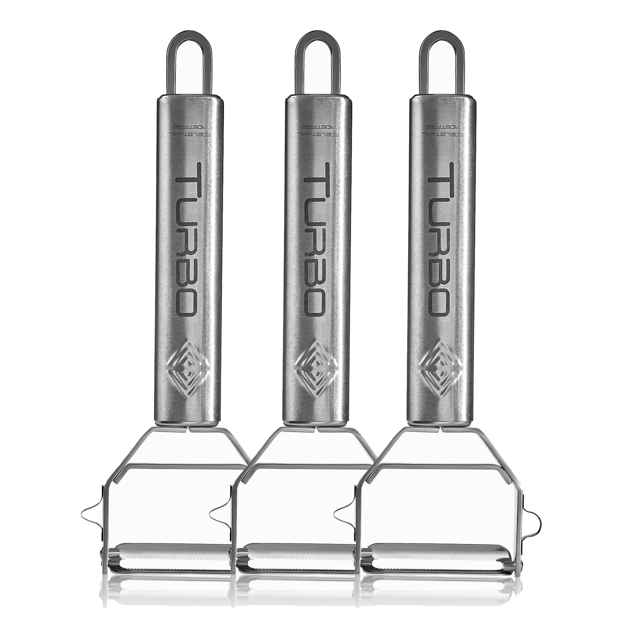 TURBO PRODUKTE Set of 3 Stainless Steel Peelers for Fruit and Vegetables - Forwards and Backwards with Pendulum Blade for Left- and Right-Handed Users - 3-in-1 Function