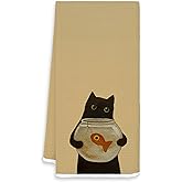 FOPENEM Funny Black Cat Kitchen Towels, Whimsical Black Kitty and Fish Decorative Hand Tea Towels for Bathroom, Cat Mom Lady Lovers Gifts Dish Tea Towel for Kitchen, 16x24 Inches