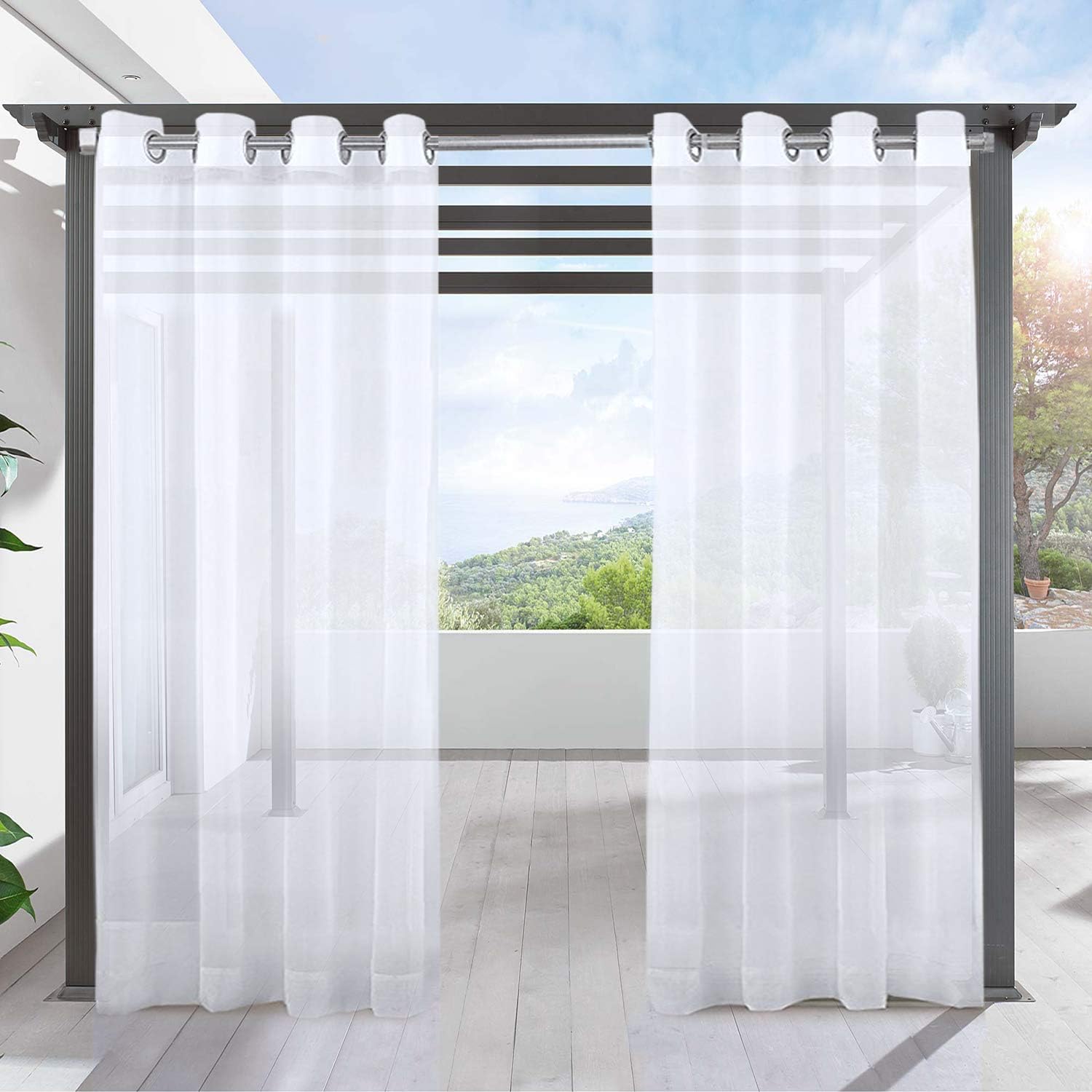 LIFONDER Sheer White Patio Curtains - 2 Panels Grommet Top Waterproof Sheer Outdoor Curtains Mesh Voile Porch Drapes Deck Decor for Balcony with 2 Tiebacks, 54" Wide by 108" Long