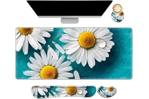ARTSO Large Gaming Mouse Pad Set, Keyboard Wrist Rest Support + Mouse Wrist Cushion + Extended Mousepad + Coaster, 35x15.5in Multifunctional Desk Mat 4pcs, Cute Daisy