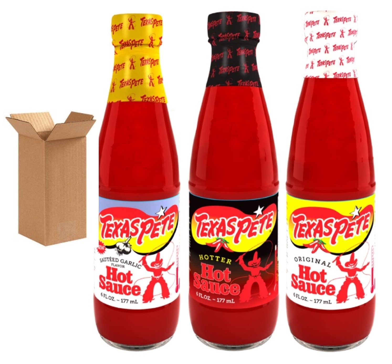 Bundle 3 Items Texas Pete Hot Sauce Sampler Hot, Hotter, & Garlic