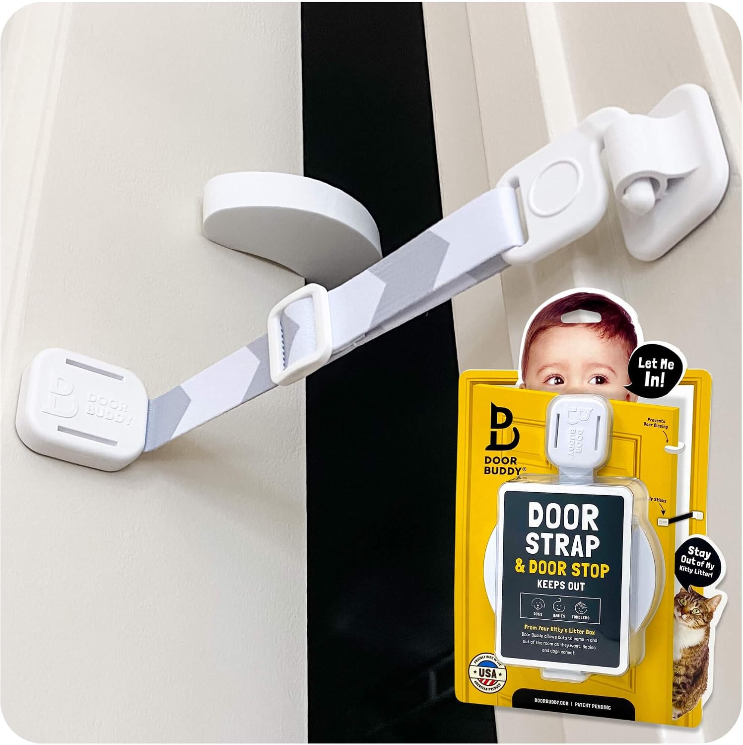 Door Buddy Child Proof Door Lock & Cat Door Stopper. Adjustable Door Strap Latch to Baby Proof Door & Keep Toddler out of Cat Food & Litter Box. Easy Pet & Baby Gate with Cat Door Interior Alternative