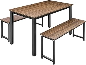 VIVOHOME 47.2 Inch 3 Piece Industrial Style Metal and MDF Board Rectangular Dining Table Furniture Set for 4 with 2 Benches for Home, Dining Room, Kitchen, Cafeteria Rustic Brown