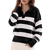 Angelips Womens Striped Polo Sweater Trendy Color Block Crop Tops Casual V Neck Knitted Pullover Jumper Shirts Long Sleeve