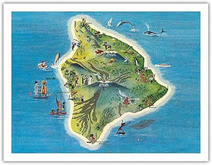 Amazon Co Jp ハワイ島 地図 ビンテージイラストマップ によって作成された レイ ランターマン C 1962 アートポスター 51cm X 66cm ホーム キッチン