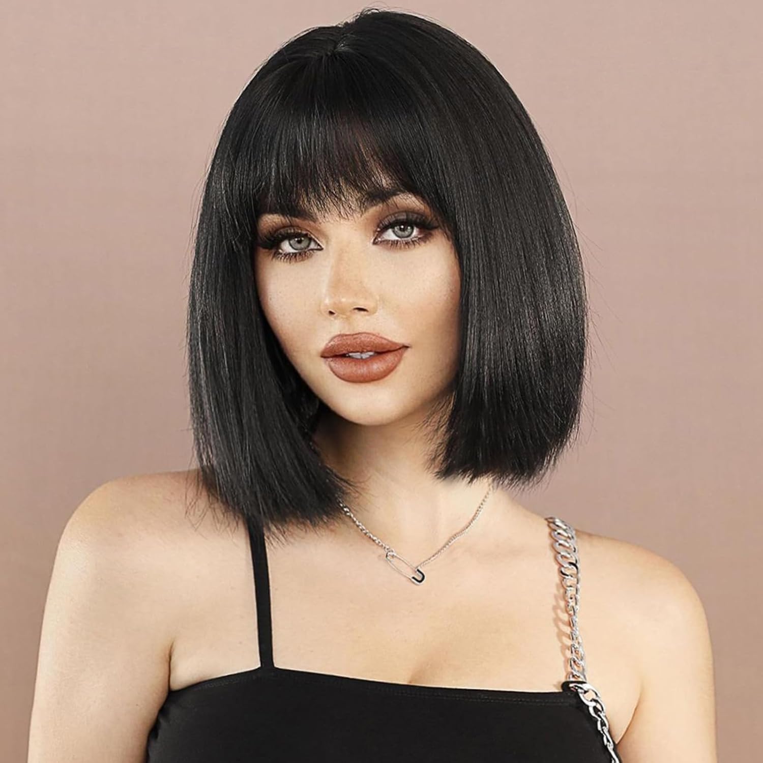 Colorfulpanda Short Black Bob Wigs for Women Natural Synthetic Hair Wig with Fringe Bangs for Cosplay Costume Party or Daily Wear — image 1