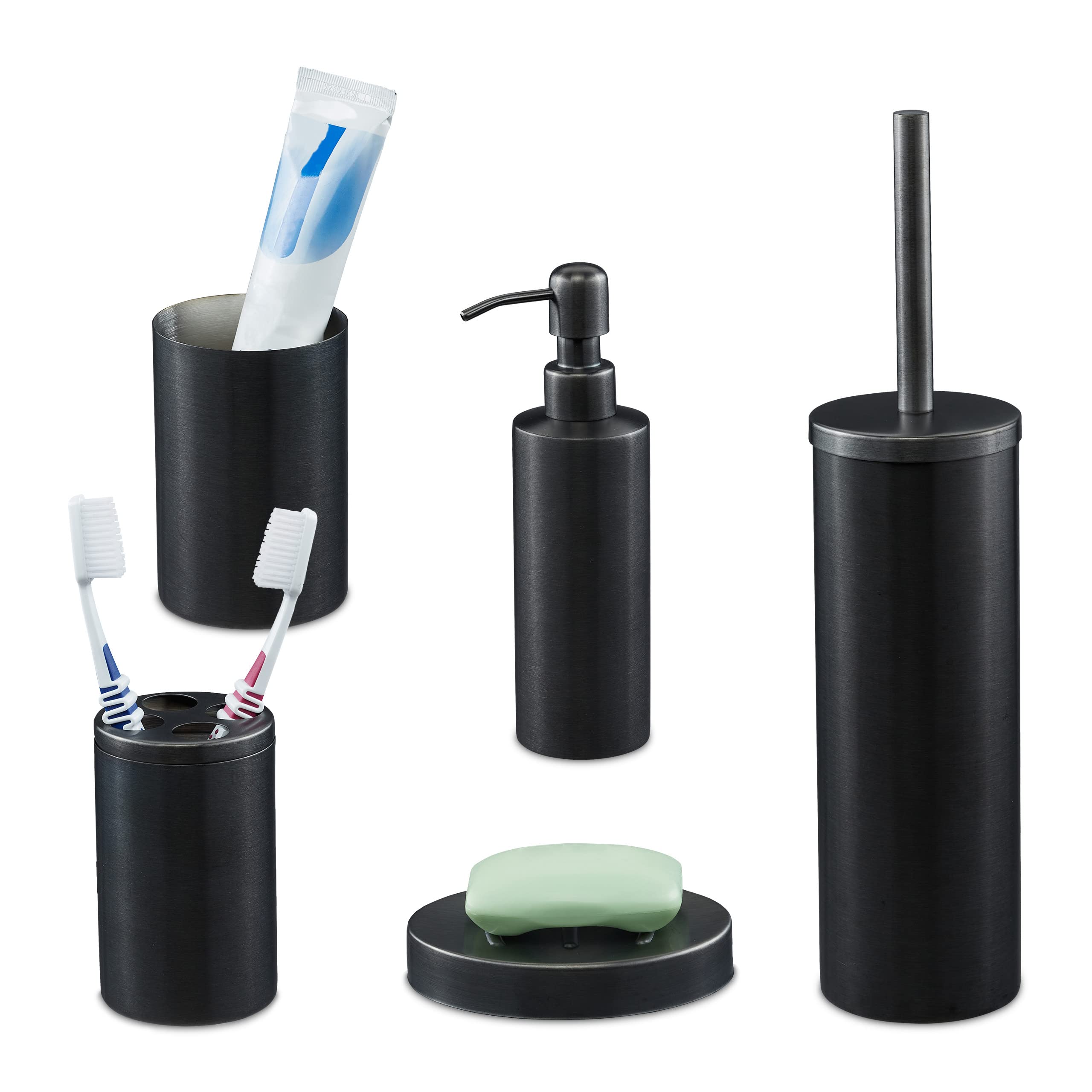 Relaxdays 5-Piece Bathroom Accessory, Brushed Stainless Steel, Complete Toilet Set, Modern Design, Anthracite, 100%, 39 x 9.5 x 9.5 cm
