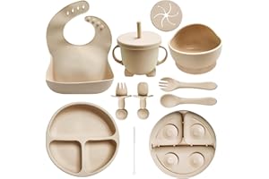 HippoBaby Baby Led Weaning Supplies | 10 Piece Silicone Baby Feeding Set | Baby Toddler Bib Cup Divided Plate and Bowl Self Feeding Spoons Dish Set | Baby Utensils | Toddler Feeding Supplies (Cream)