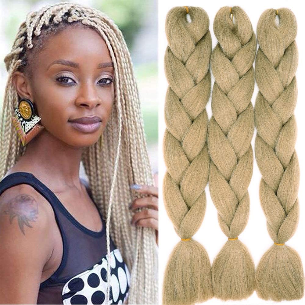 24” Braiding Hair Extension Jumbo Braids Synthetic 3bundles/pack Kanekalon Crochet Hair Afro Box Braid Heat Resistent (Natural Blonde)