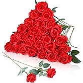 LPREUTWN 30pcs Red Roses Artificial Flowers, Fake Silk Roses with Stems in Bulk, Faux Roses for Anniversary Valentine's Day Birthday Gifts Wedding Bridal Bouquets Centerpiece Party Home Decor
