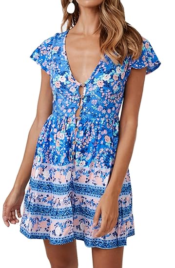 ZIYYOOHY Damen Elegant Böhmen Ärmellos A Linie Minikleid Sommerkleid Strandkleid Mit Gürtel