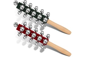 KYMQLYW 2 Pcs Christmas Hand Jingle Bells Wooden Handle Sleigh Bells Christmas Stick Jingle Bells Shaker Rattle Musical Percussion Handheld Bells Holiday Xmas Gifts (red,green)