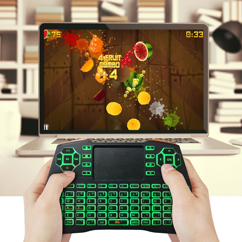 KUD i8+ 2.4GHz Plus Mini Wireless Keyboard with Touchpad Mouse Rechargable Air Mouse LED Backlit Handheld Remote Control Controller for Android TV BOX Smart TV PC Notebook Mini PC Li-ion Battery