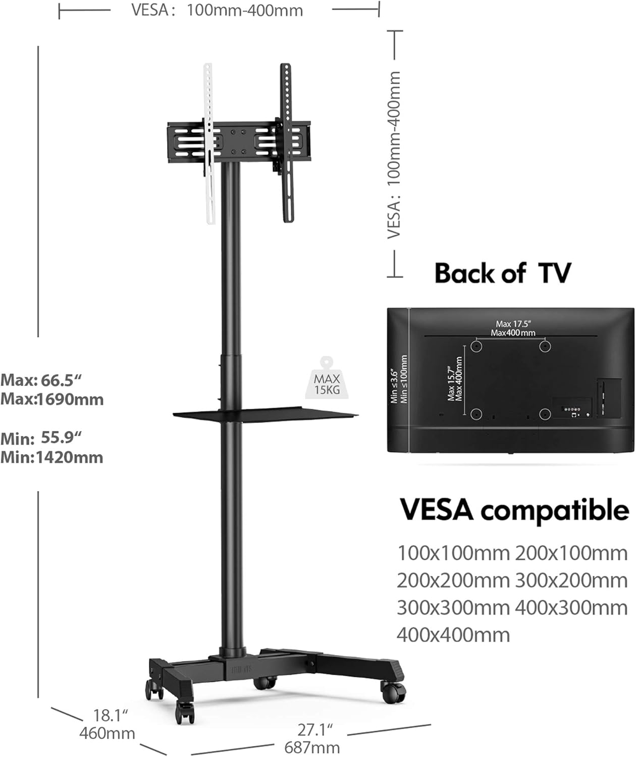 FITUEYES Mobile TV Cart with Wheels for 23-60 Inch LCD LED Flat Curved Screen TVs up to 77 lbs Mobile Rolling TV Stand with Height Adjustable Shelf Trolley Floor Stand Max VESA 400x400 Black : Office Products