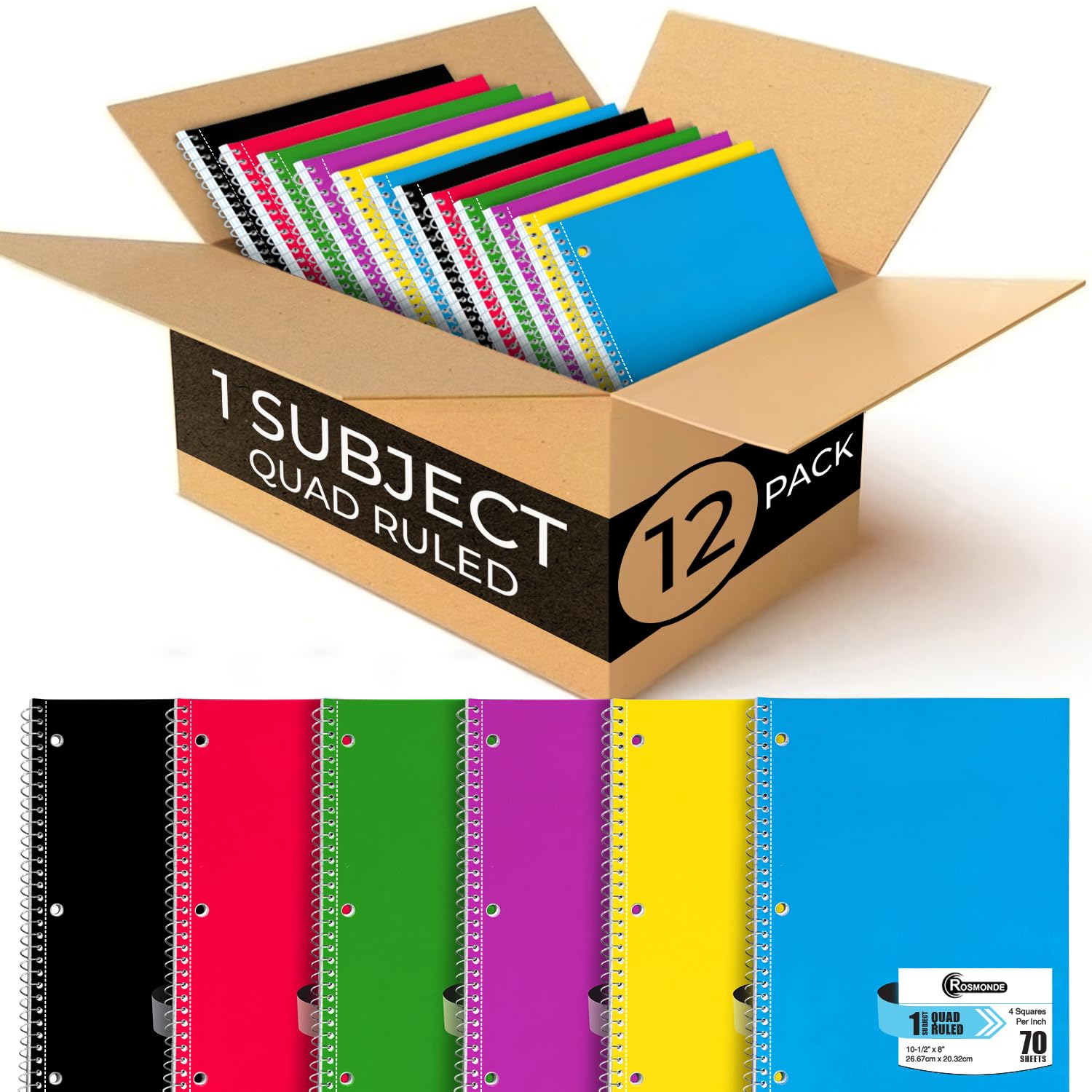 Photo 1 of Rosmonde 1 Subject Graph Paper Spiral Notebook, 12 Pack, 70 Sheets (140 Pages), 8 x 10-1/2" Bulk 4x4 Spiral Bound Grid Notebooks, 3 Hole Punched Single Subject Quad Ruled Spiral Notebooks for School