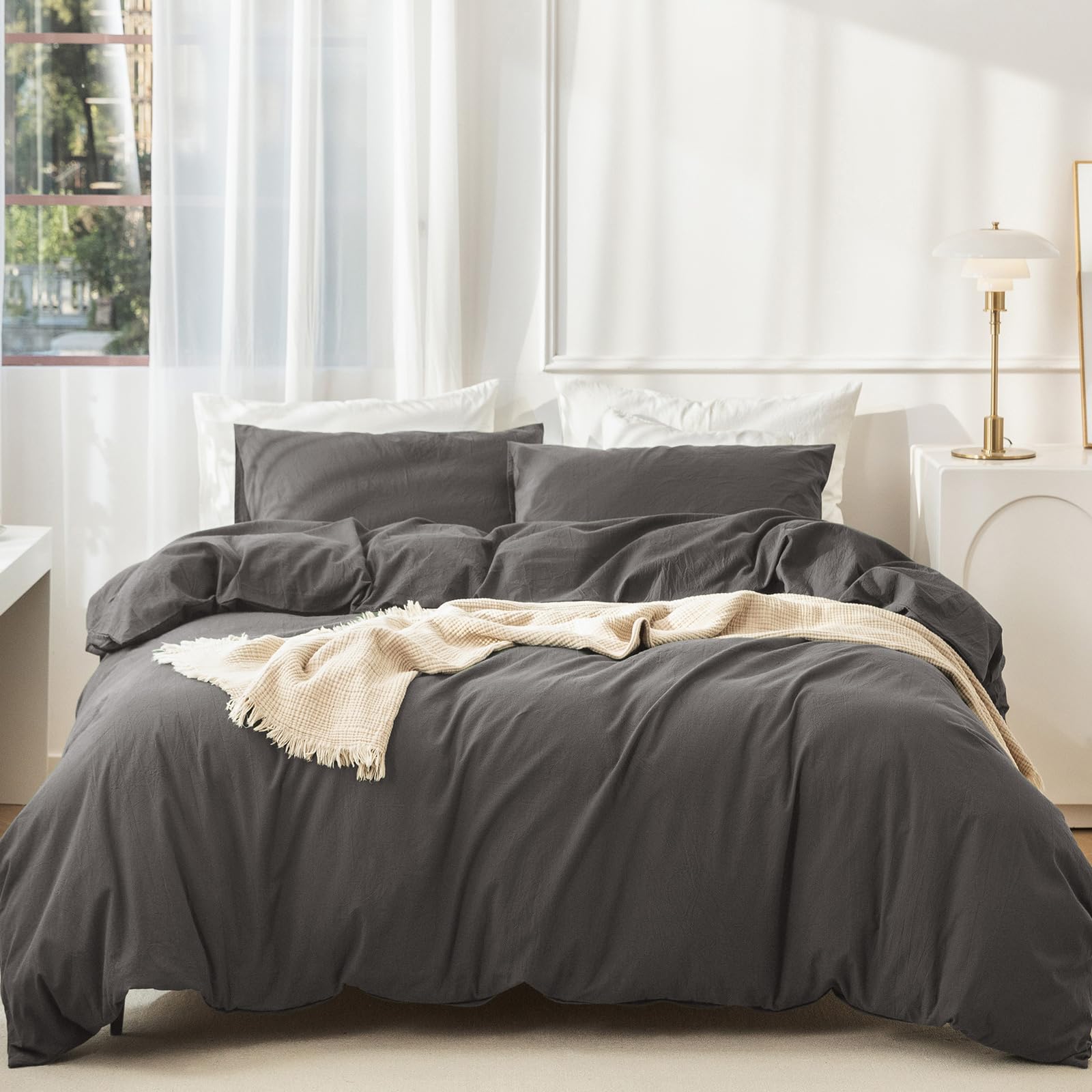 Photo 1 of JIYUAN 100% Washed Cotton Duvet Cover Set 3 Pieces Queen, 1 Duvet Cover 90x90 Inches(Comforter Not Included) and 2 Pillowcases,Linen Feel Bedding Set Comfy and Breathable,Solid Dark Grey