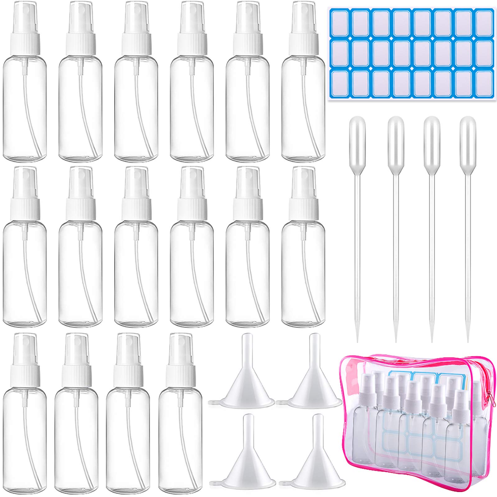 Duufin 16 Pcs Spray Bottles - 50ml Empty Plastic Fine Mist Atomiser with 4 Funnels, 4 Droppers & 24 Labels (Bonus: 1 Pc Transparent Zipper Bag)