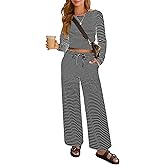 Lazysmile Lounge Sets For Women Casual Striped 2 Piece Outfits Long Sleeve Tops and Wide Leg Pants Loungewear Pajama Set