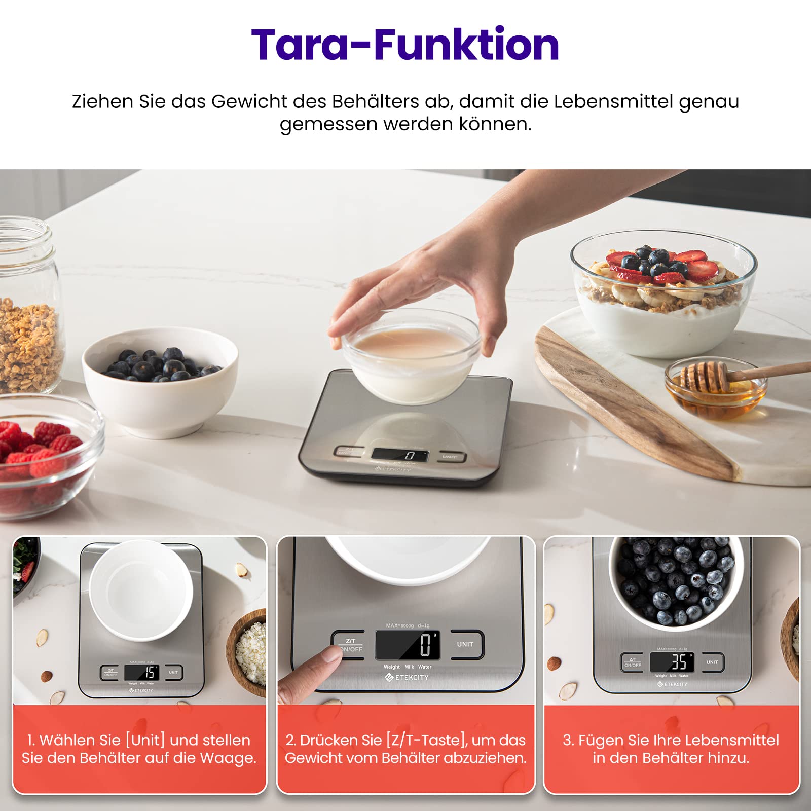 ETEKCITY kitchen scales, digital electronic scales, 5 kg, with large LCD display, ultra thin stainless steel kitchen scales, liquid measurement, high precision up to 1 g, tare function