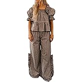 UAURORAO Women Plaid Ruffle Pajama Set Puff Short Sleeve Smocked Babydoll Top Slit Wide Leg Pants Sets Christmas Pjs