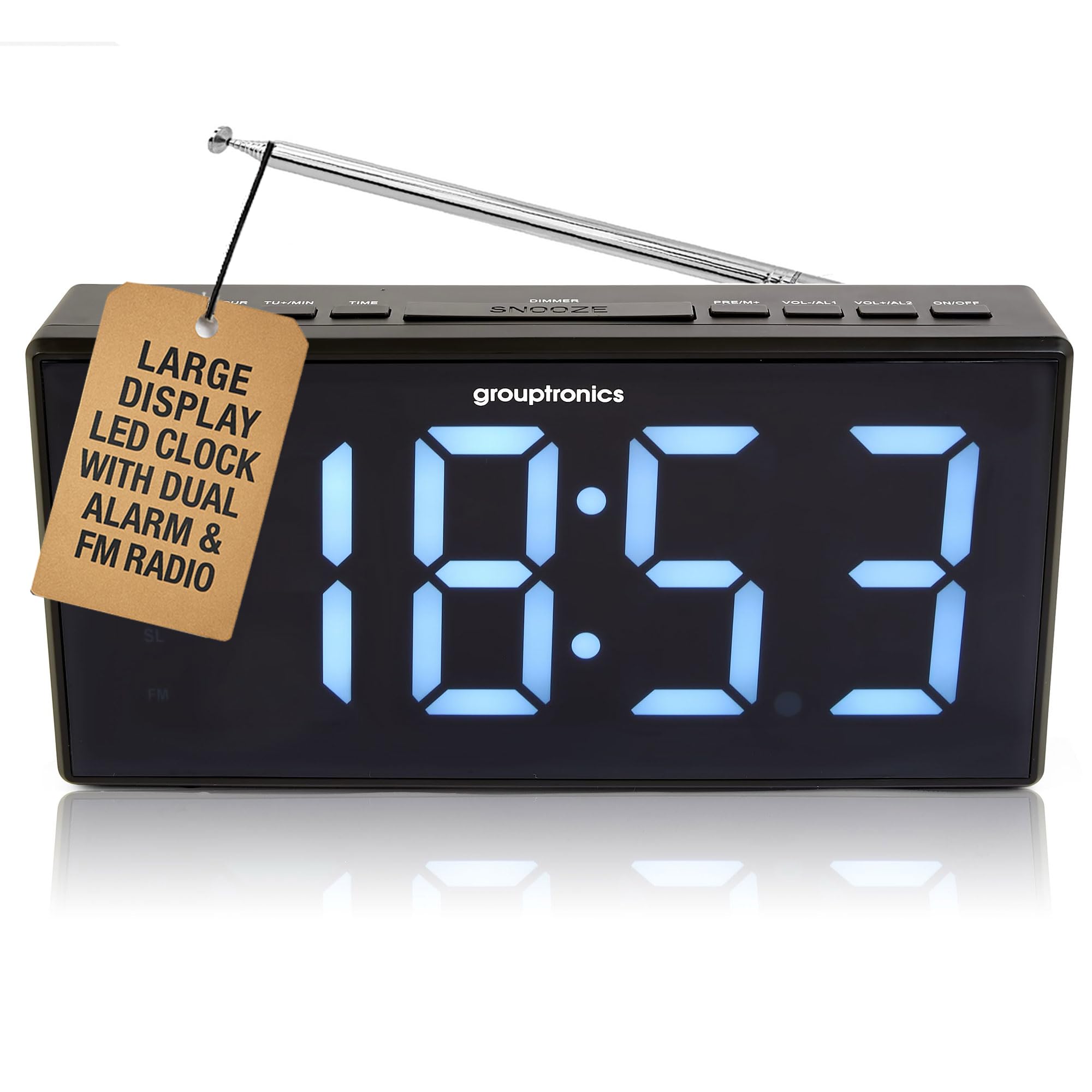 Grouptronics Large Digital Alarm Clock Radio - Mains Powered, 9" Large Display Clock, Bedside or Kitchen, Non Ticking, Dual Alarm, Brightness Control, Battery Back-Up - Black