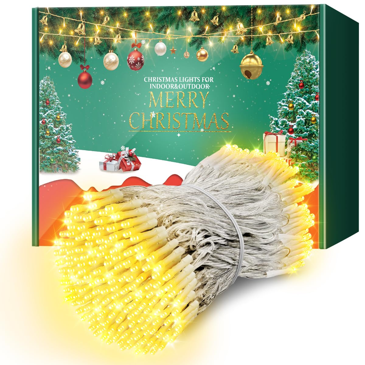 ARKOCHIC 35M Fairy Light Outdoor Christmas Lights, 300 LED Warm White Christmas Tree Lights, IP65 Waterproof 8 Modes Memory Linkable Cluster Light Indoor Outside Decorations/Garden(No Remote)