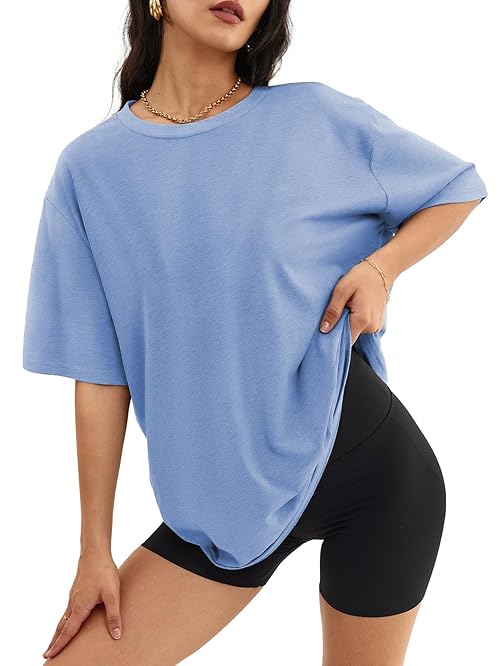 ATHMILE Womens Oversized T Shirts Loose Fit Crewneck Short Sleeve Tops Summer Casual Blouse Y2K 2025 Basic Tee Beach SkyBlue