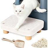 Cat Litter Box Step Stool with Shovel, Easy-Clean for Cats &amp; Kittens | Easy clean litter catcher with filter function, wooden pedal stool step for kitten and elderly cats, includes litter shovel