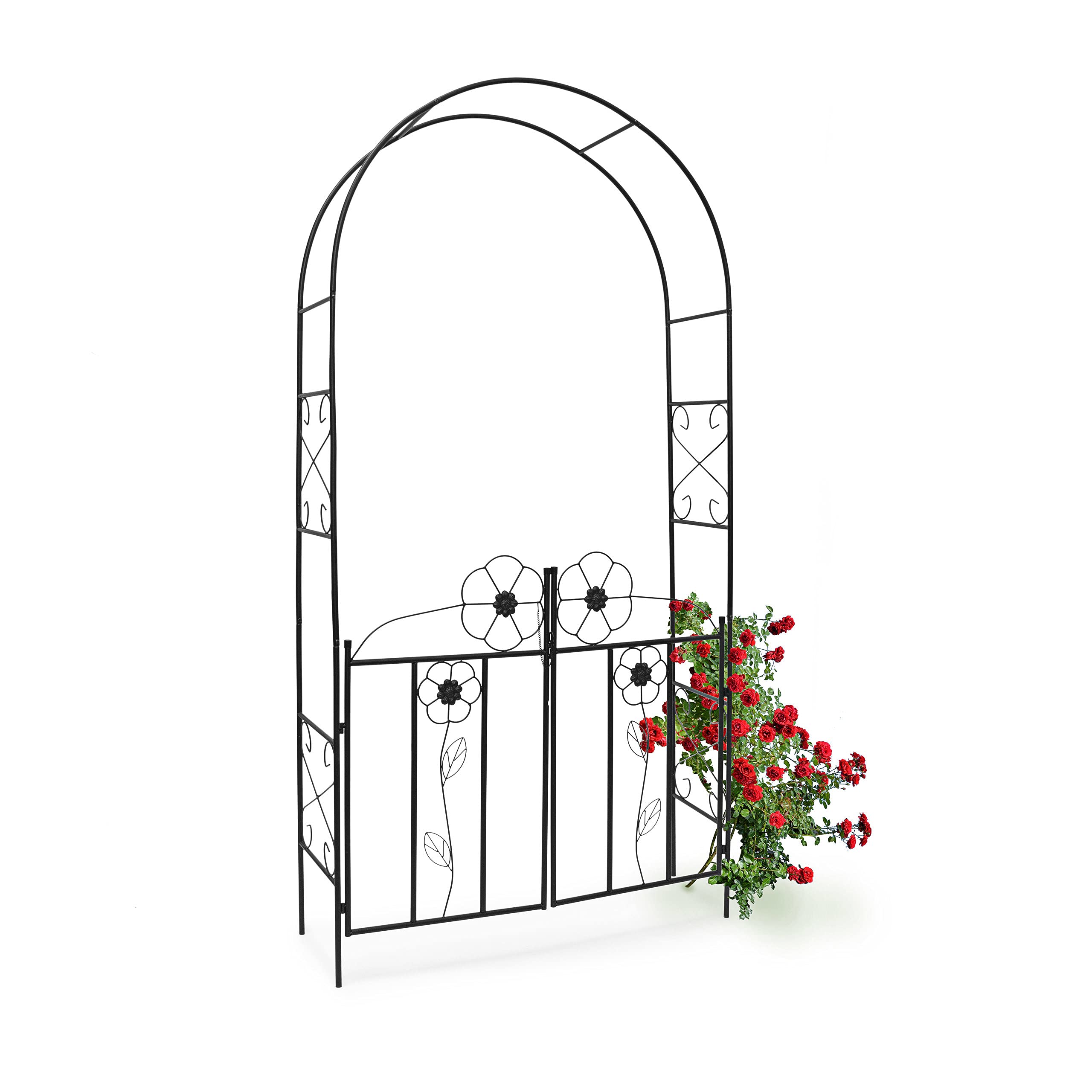 Relaxdays Rose Arch, 228 x 116 x 36.5 cm, Gate made of Powder-Coated Steel, with Door, Leaf Pattern, Climbing Plant Support, Black
